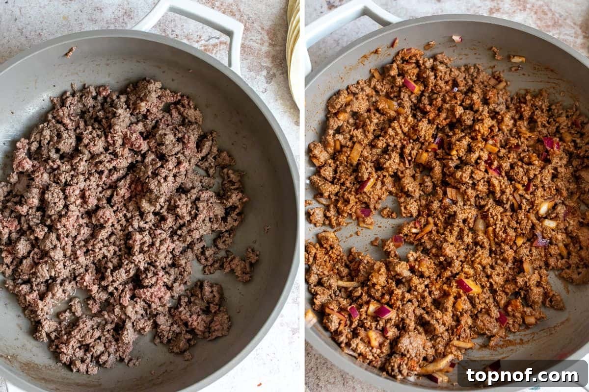 Perfectly Crispy Oven Baked Beef Tacos 4 Detailed steps to make crispy beef tacos, showing ground beef browning in a grey skillet, ready for seasoning and assembly.