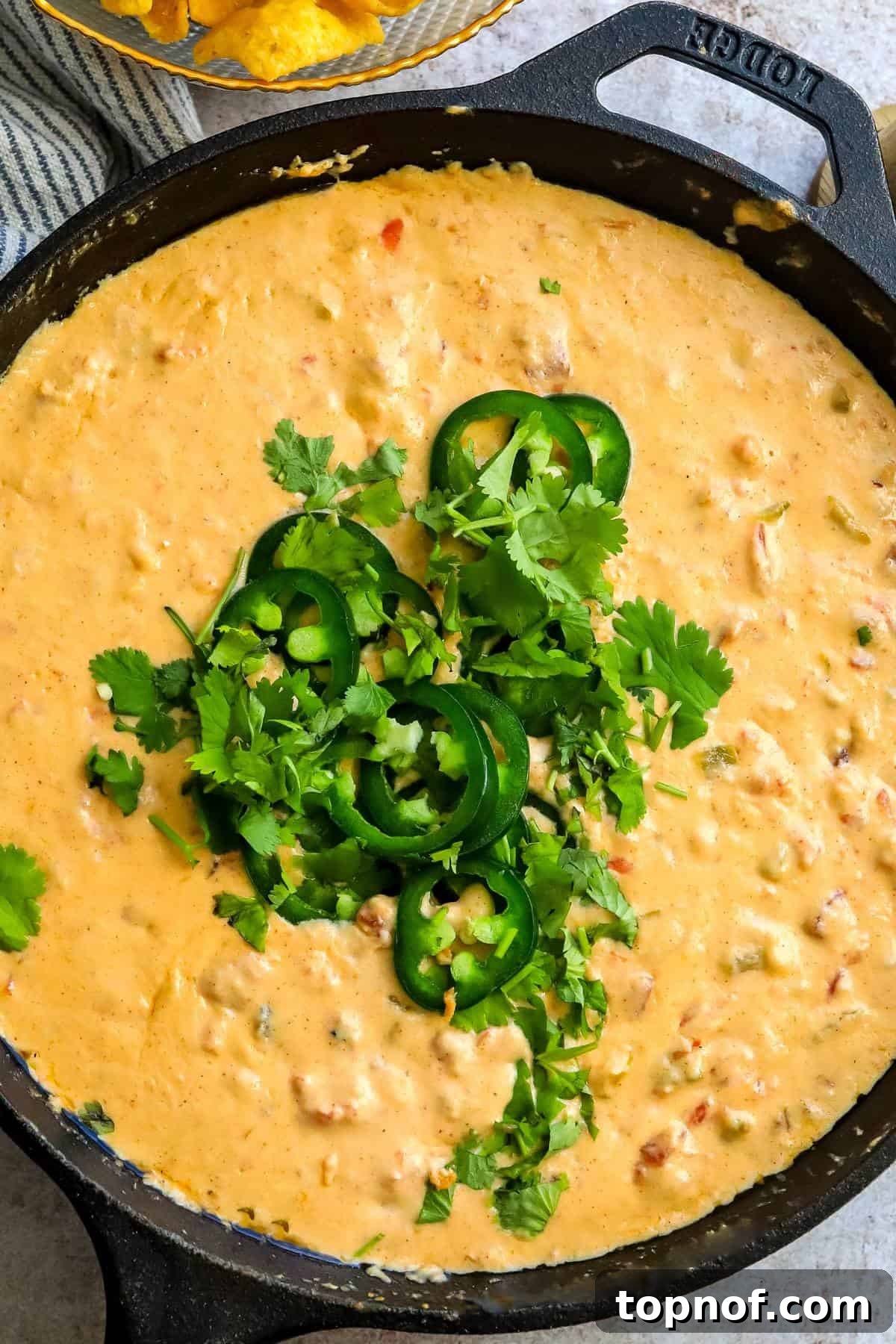 Artisan Smoked Queso 2 A bubbling pot of easy smoked queso, garnished with fresh cilantro and jalapeños, ready to be served with tortilla chips.