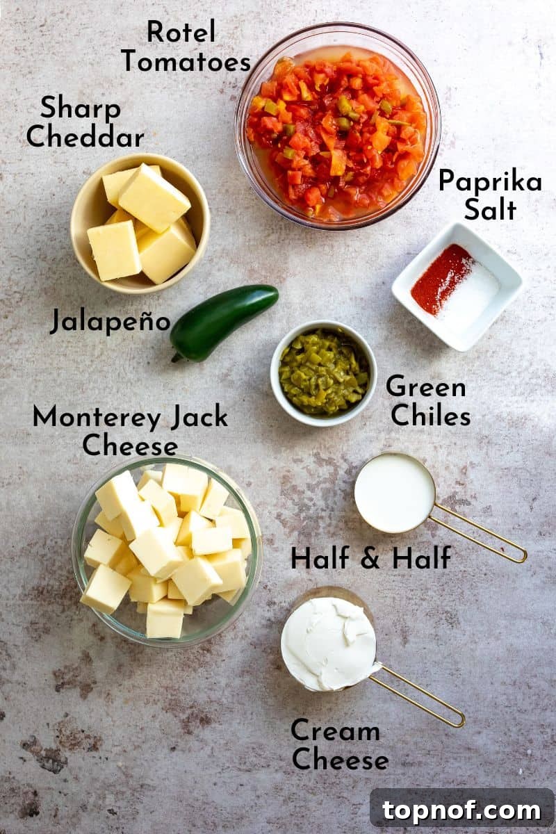 Artisan Smoked Queso 3 Various Smoked Queso ingredients laid out on a kitchen counter, including blocks of cheese, cans of Rotel and green chilies, and cream.
