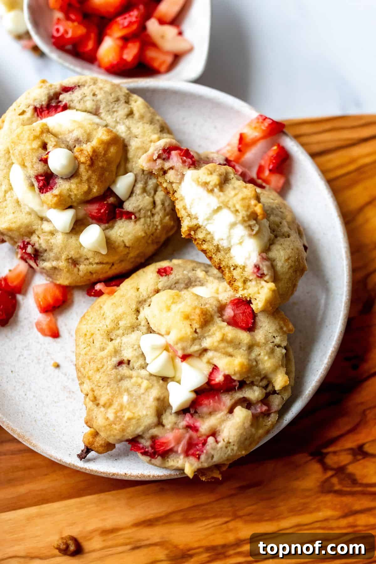 Decadent Strawberry Cheesecake Cookies 2 A white plate showcasing beautifully baked Strawberry Cheesecake Cookies, invitingly arranged.