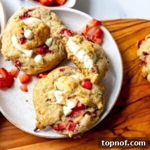 White plate with Strawberry Cheesecake Cookies on it.