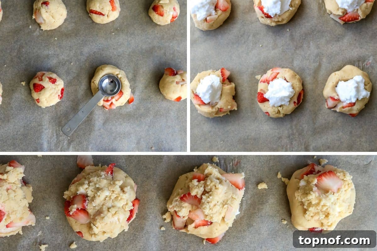 Decadent Strawberry Cheesecake Cookies 5 Steps showing cookies being prepared on a cooking sheet, with indents for the cream cheese filling.
