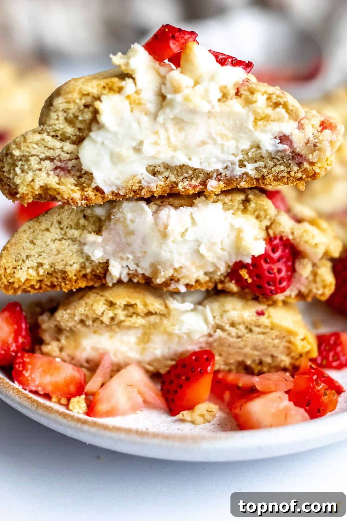 Decadent Strawberry Cheesecake Cookies 6 A white plate displaying several Strawberry Cheesecake Cookies, stacked invitingly.