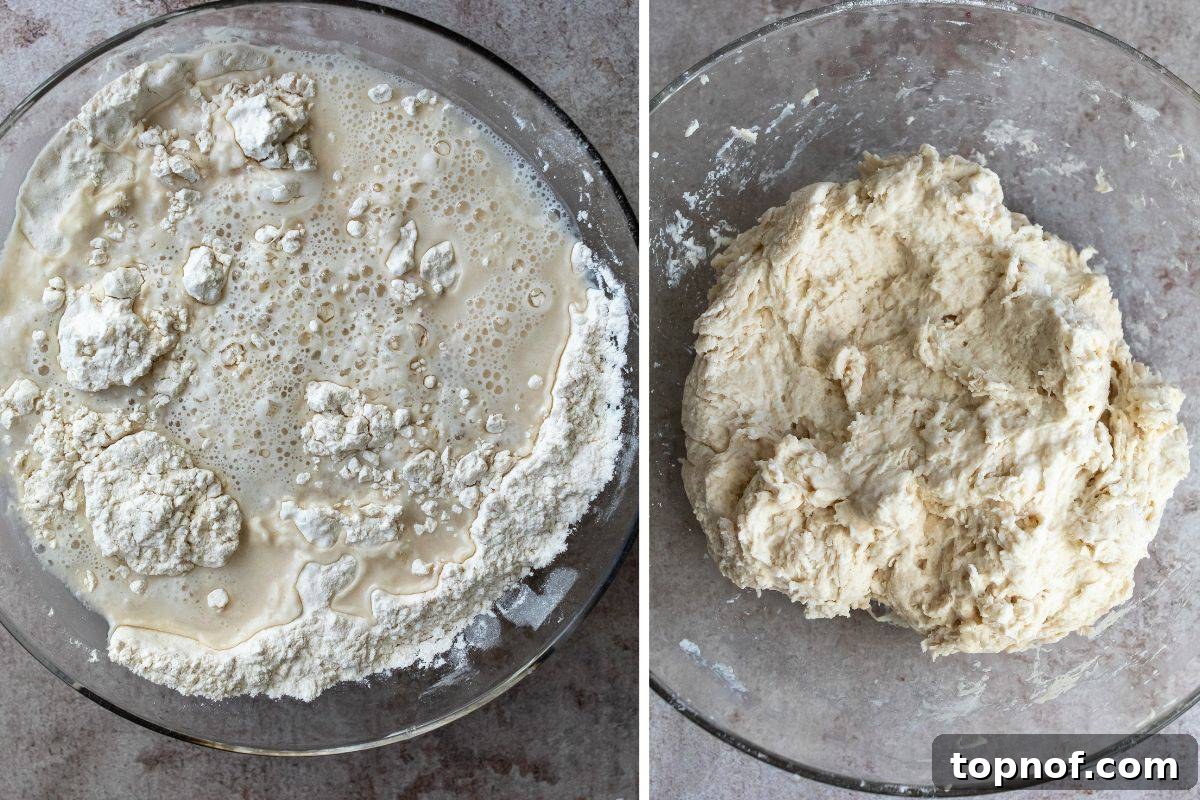 Artisan Overnight Loaf 4 Step one to make bread in a clear bowl with flour and yeast being mixed.