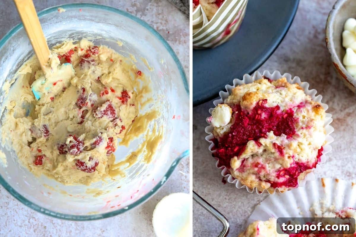 Luscious Raspberry White Chocolate Muffins 5 Thick, raw muffin dough in a clear mixing bowl with a spatula, ready to be scooped into muffin liners.