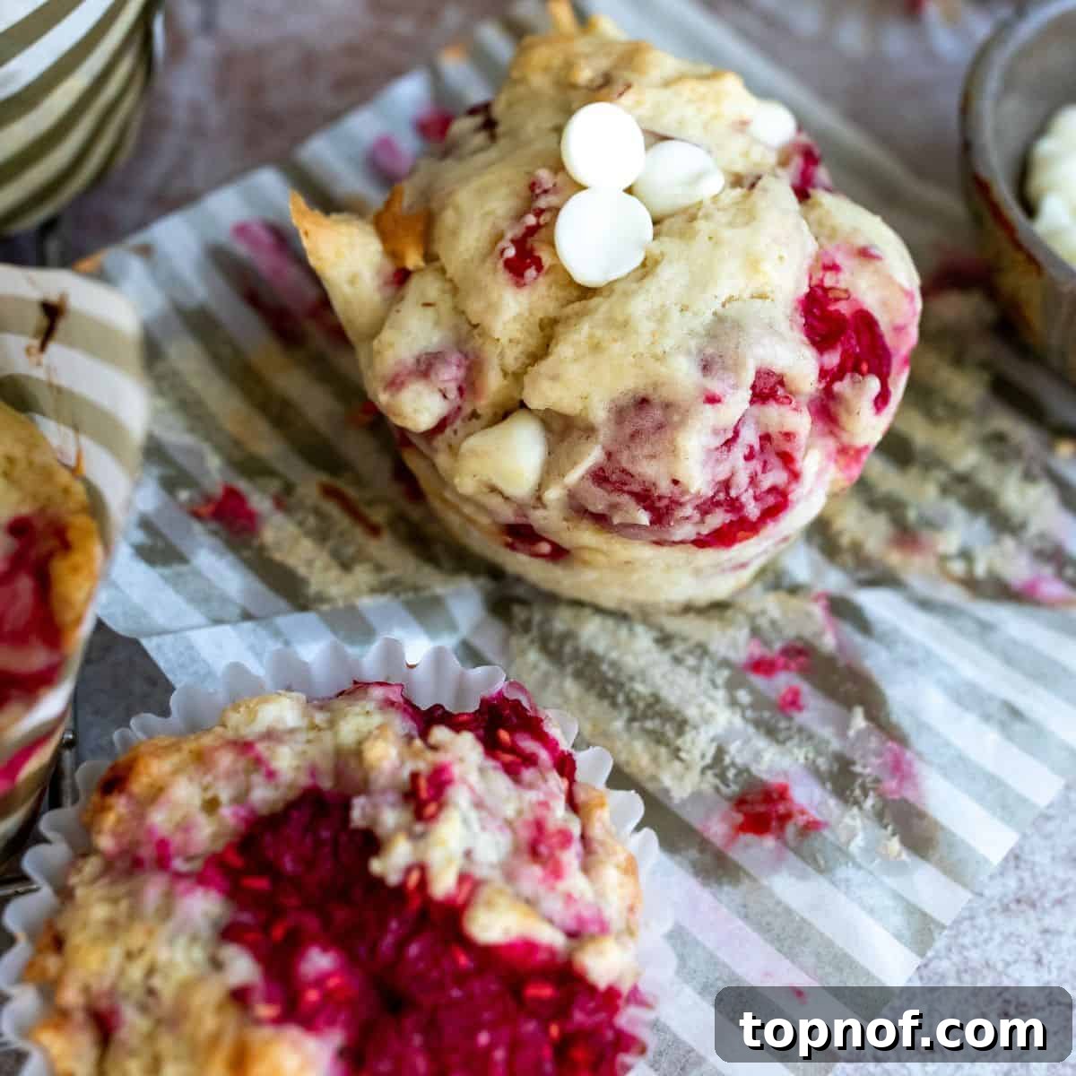 Luscious Raspberry White Chocolate Muffins 6 Close-up photograph of a perfectly baked raspberry white chocolate muffin in its paper liner, highlighting the golden top and berry swirls.
