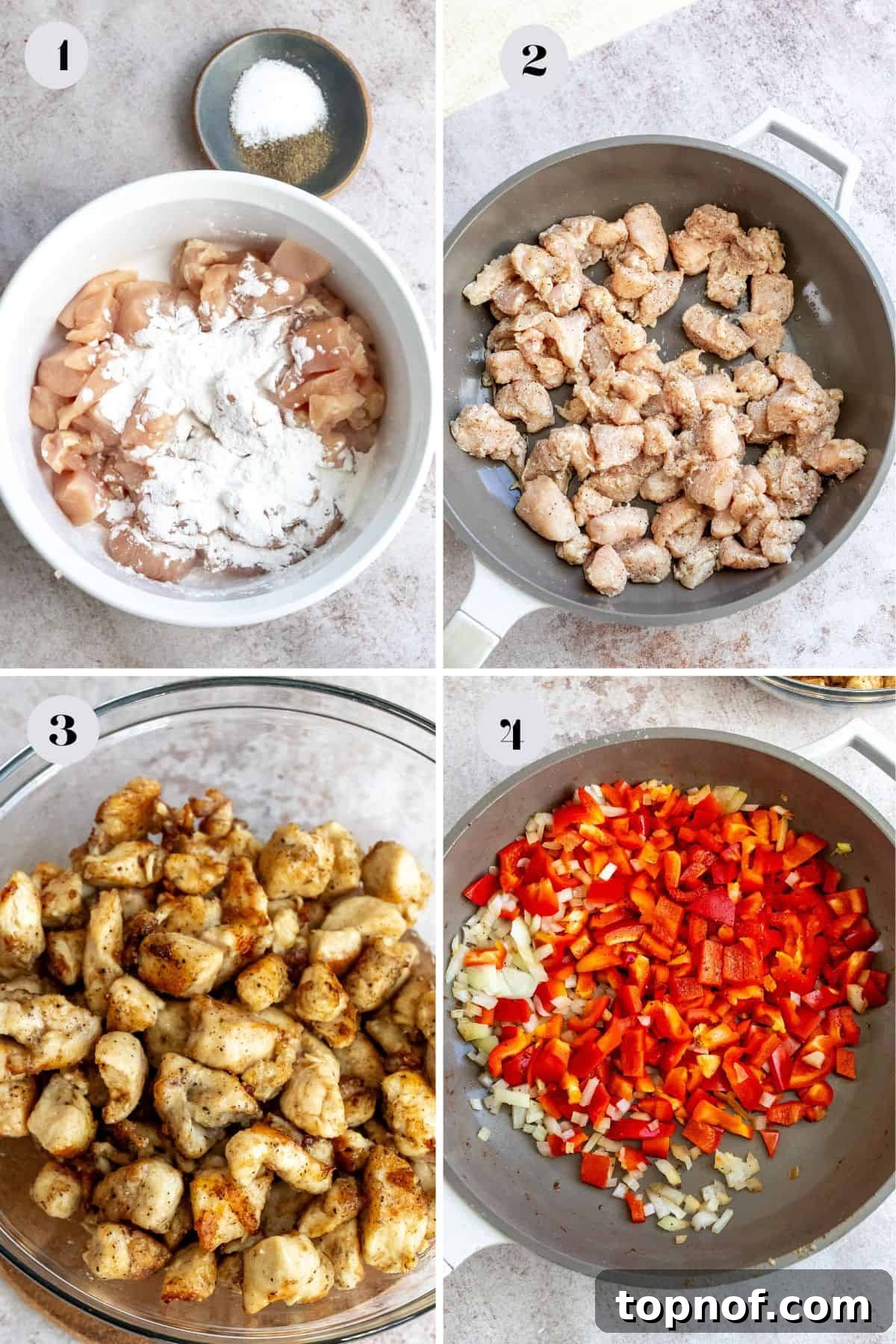 Crispy Salt and Pepper Chicken Bites 4 Steps to make salt and pepper chicken recipe. Grey skillet with crispy chicken in it.