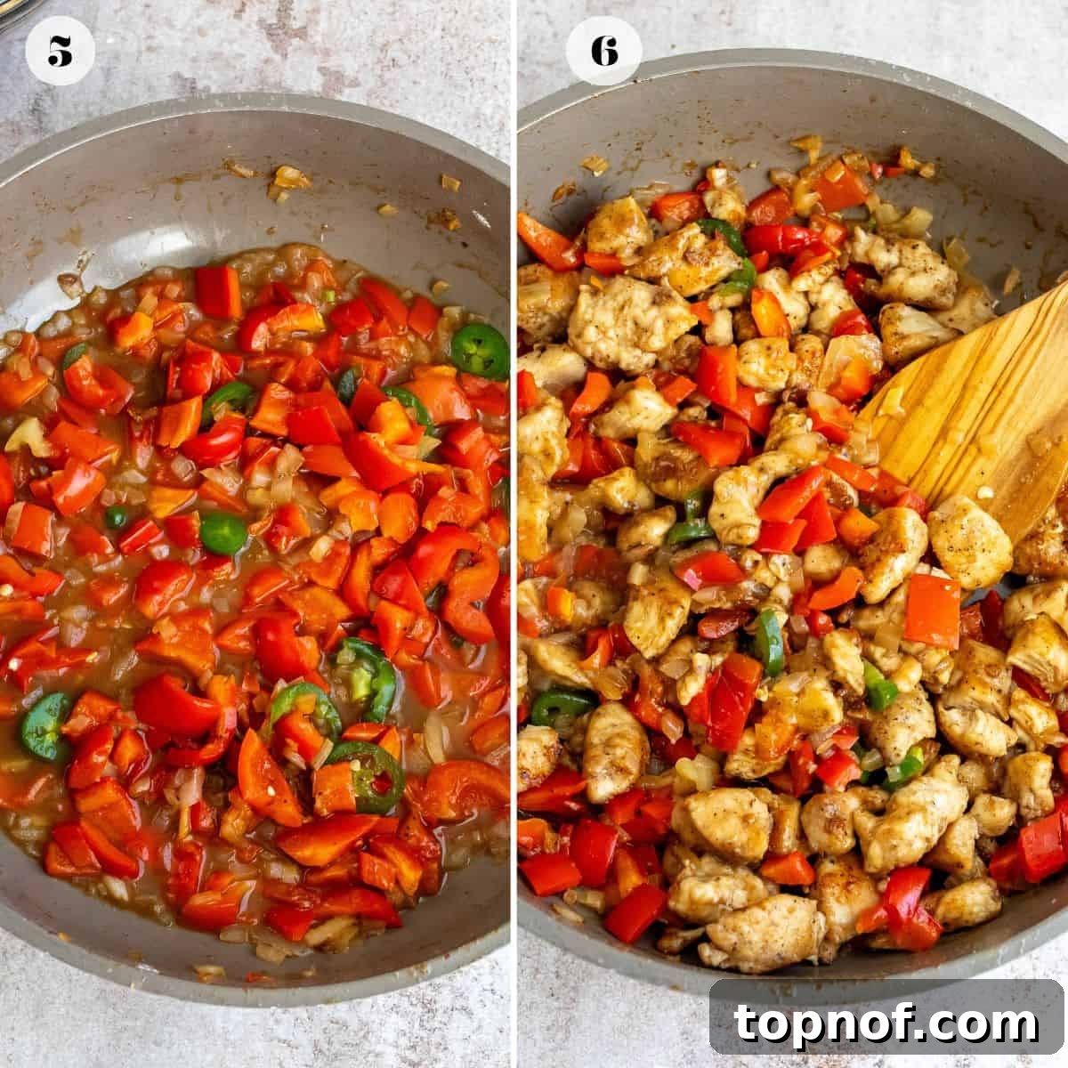 Crispy Salt and Pepper Chicken Bites 5 Red bell peppers in a skillet with chicken and a wooden spoon.