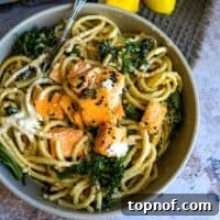 Mediterranean Salmon Tahini Pasta 7 Creamy Tahini Pasta with Miso Garlic Butter Salmon Bites in a serving bowl, ready to eat.