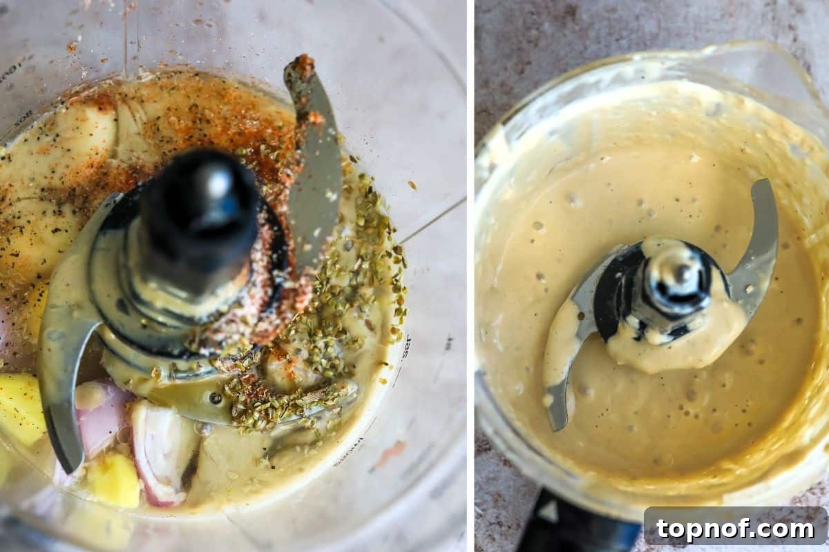 Mediterranean Salmon Tahini Pasta 4 Smooth, creamy tahini sauce being blended in a small, high-speed food processor, showcasing its rich texture before being added to pasta.