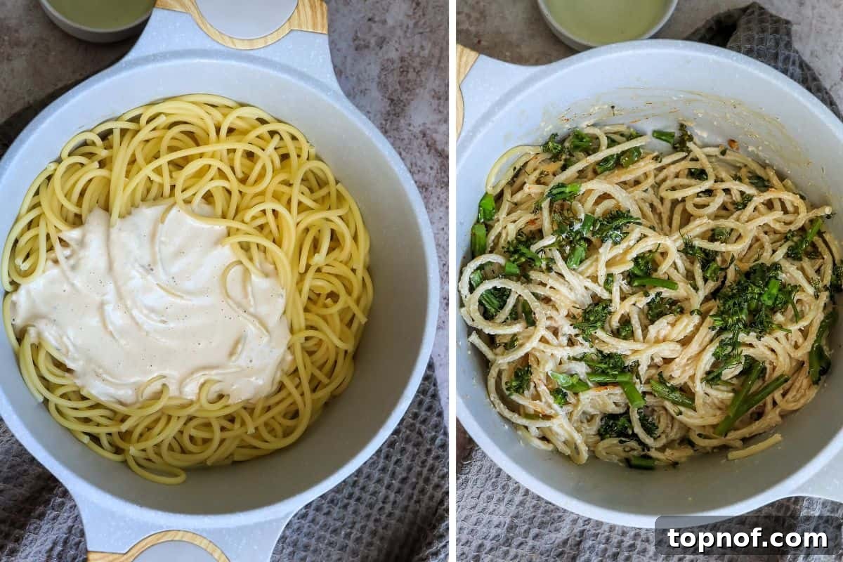 Mediterranean Salmon Tahini Pasta 5 Al dente pasta being tossed in a warm grey pot with the freshly prepared creamy tahini sauce and chopped broccolini.