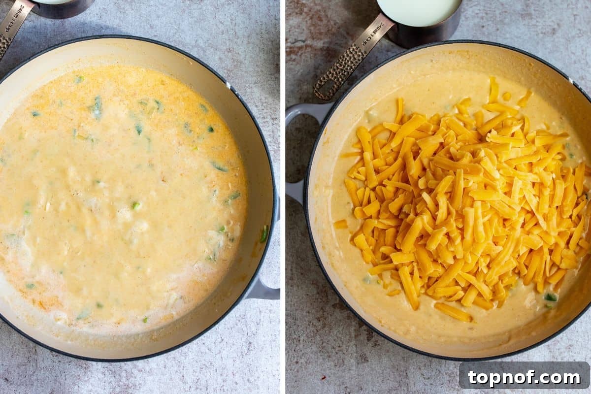 Fiery Mac & Cheese 4 Spicy mac and cheese cooking steps shown in a shallow dutch oven, illustrating the sauce-making process.