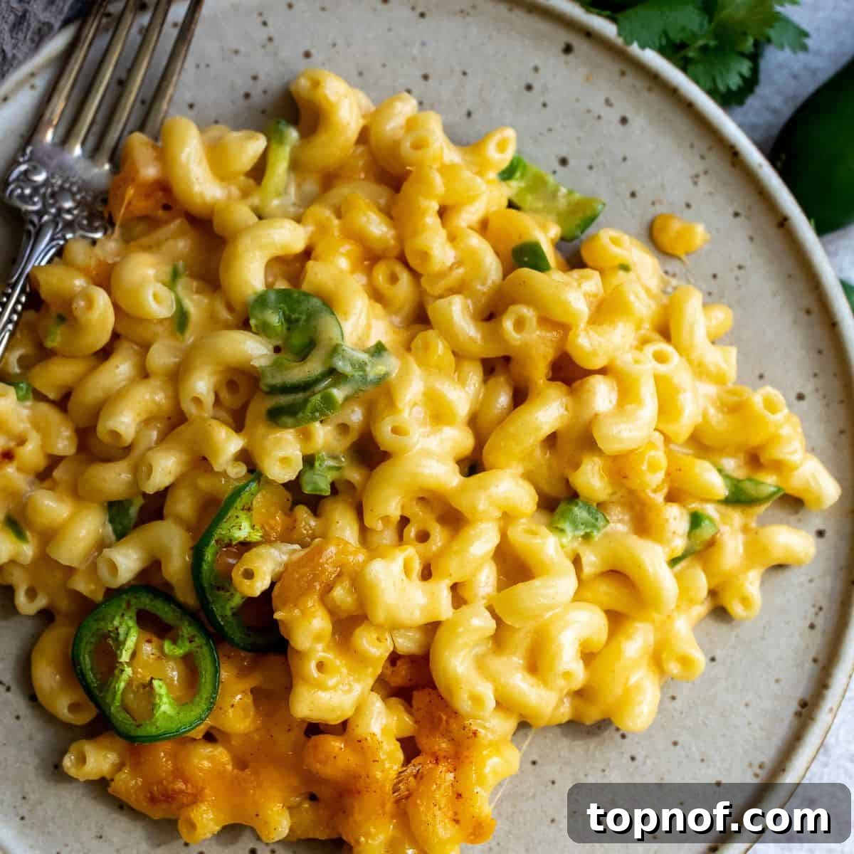 Fiery Mac & Cheese 6 Cheese noodles on a plate with jalapeño spice, ready to eat.