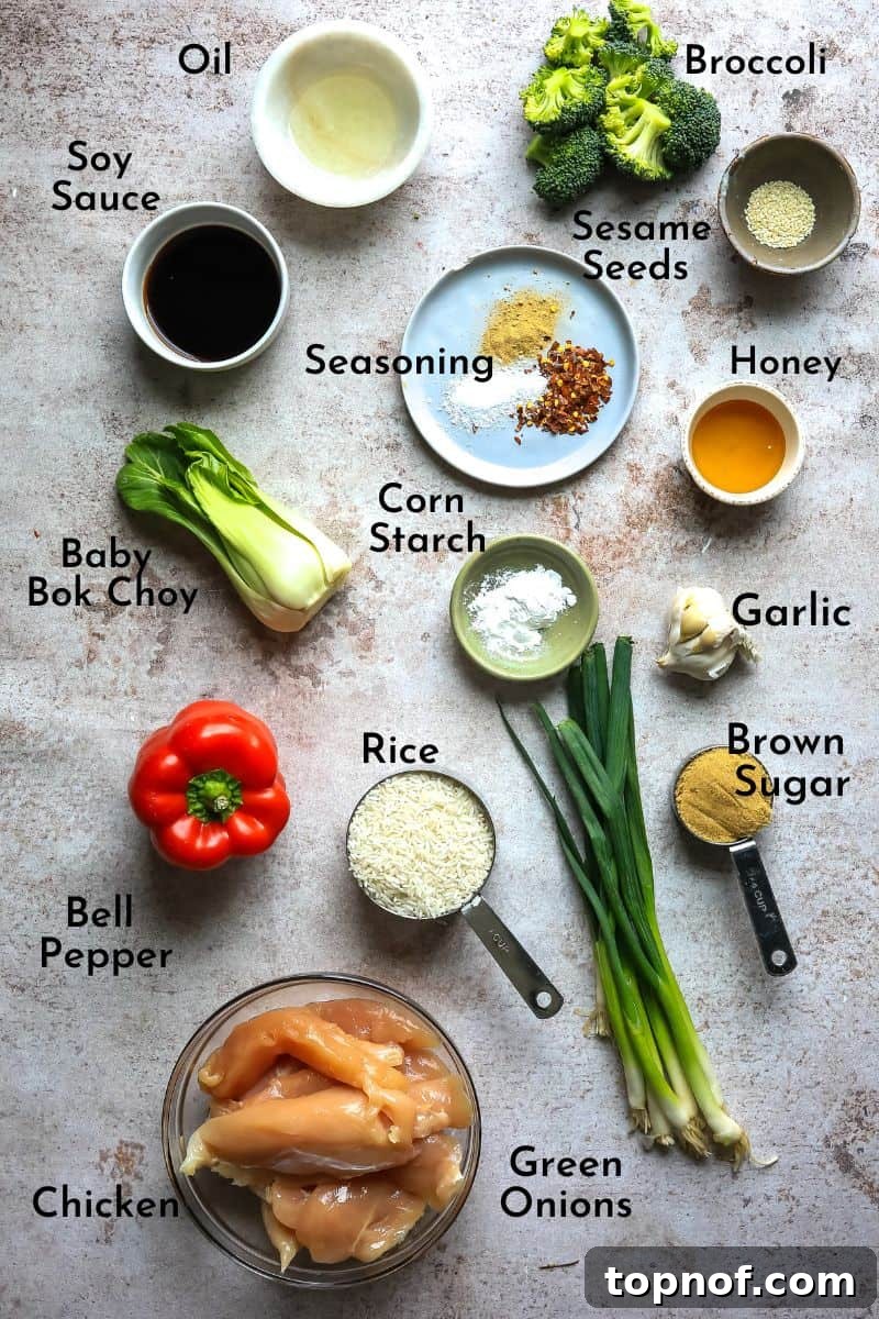 Glazed Teriyaki Chicken Power Bowl 3 Fresh ingredients laid out on a kitchen counter, ready for cooking teriyaki chicken bowls.