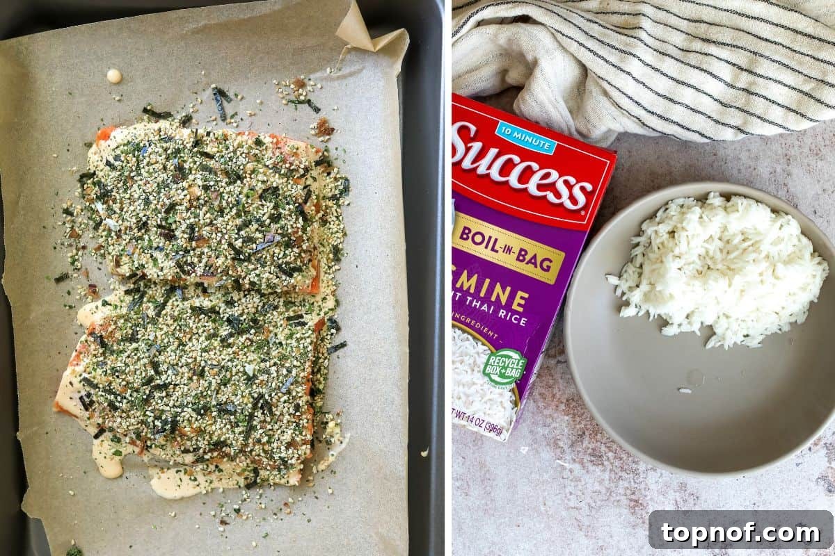 Savory Furikake Crusted Salmon 5 Baked salmon fillets topped with Furikake seasoning, resting on parchment paper on a cooking sheet, fresh out of the oven.