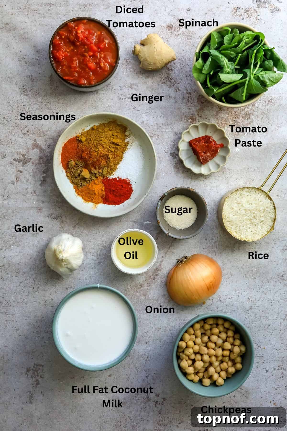 Vibrant Chickpea and Spinach Curry 3 A collection of fresh ingredients for Chickpea Spinach Curry, including canned goods, fresh produce, and spices, arranged on a kitchen counter from an overhead perspective.