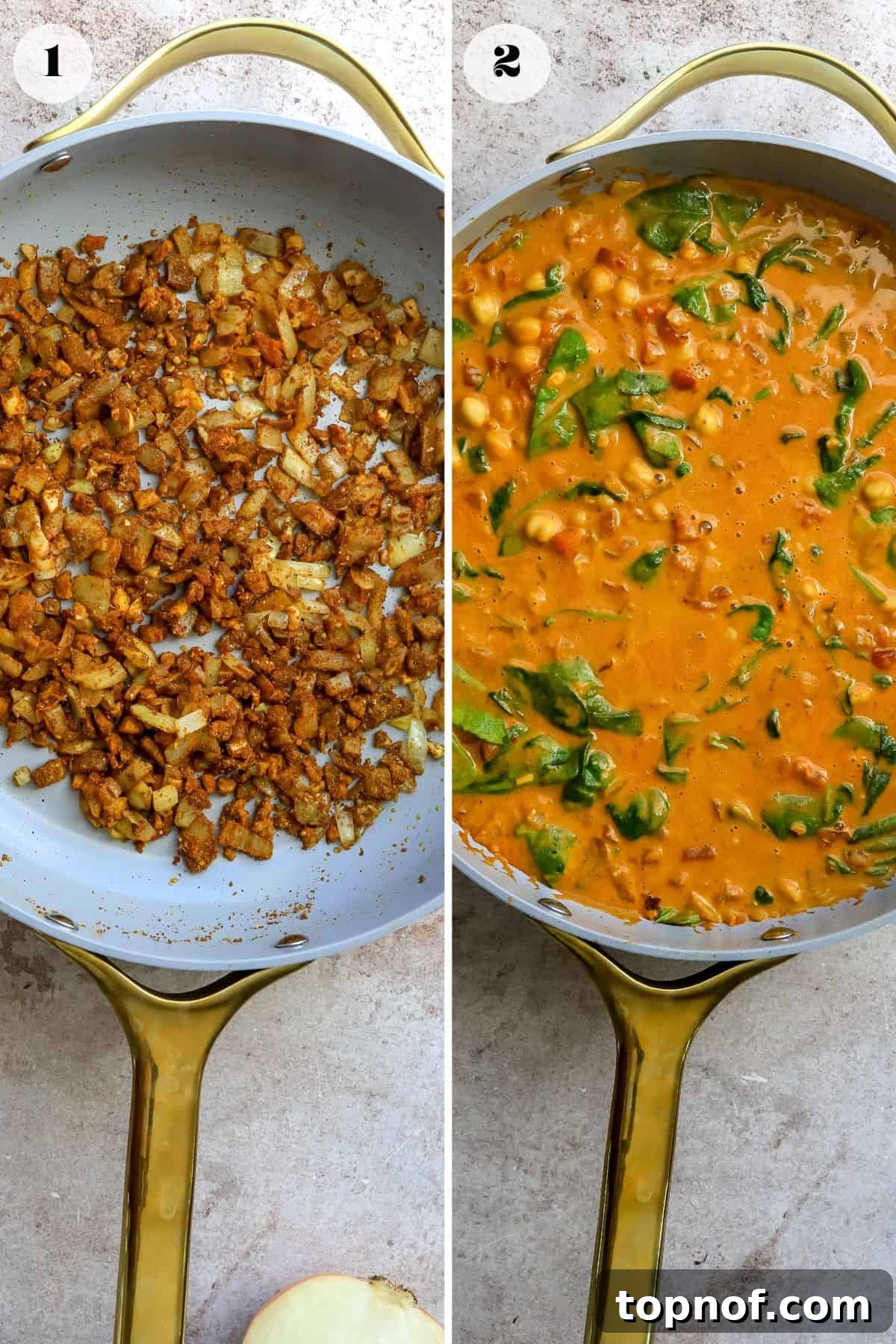 Vibrant Chickpea and Spinach Curry 4 Close-up shot of Chickpea Spinach Curry simmering in a large pan, showing the rich, thick sauce with chickpeas and spinach visible.