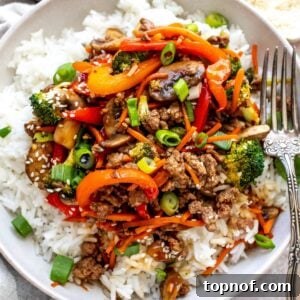 White bowl with ground beef Teriyaki over rice.