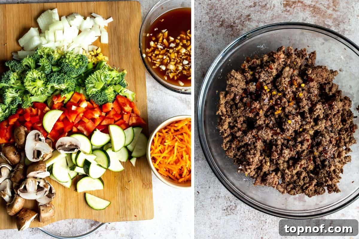 Savory Ground Beef Stir Fry 4 A collage showing fresh vegetables chopped on a wooden board and ground beef cooking in a skillet.