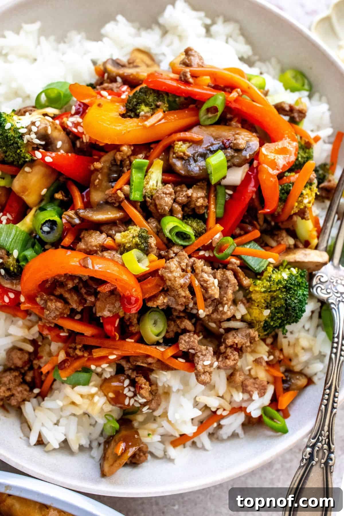 Savory Ground Beef Stir Fry 6 Close-up of a white bowl with ground beef Teriyaki served over white rice, garnished with green onions and sesame seeds.