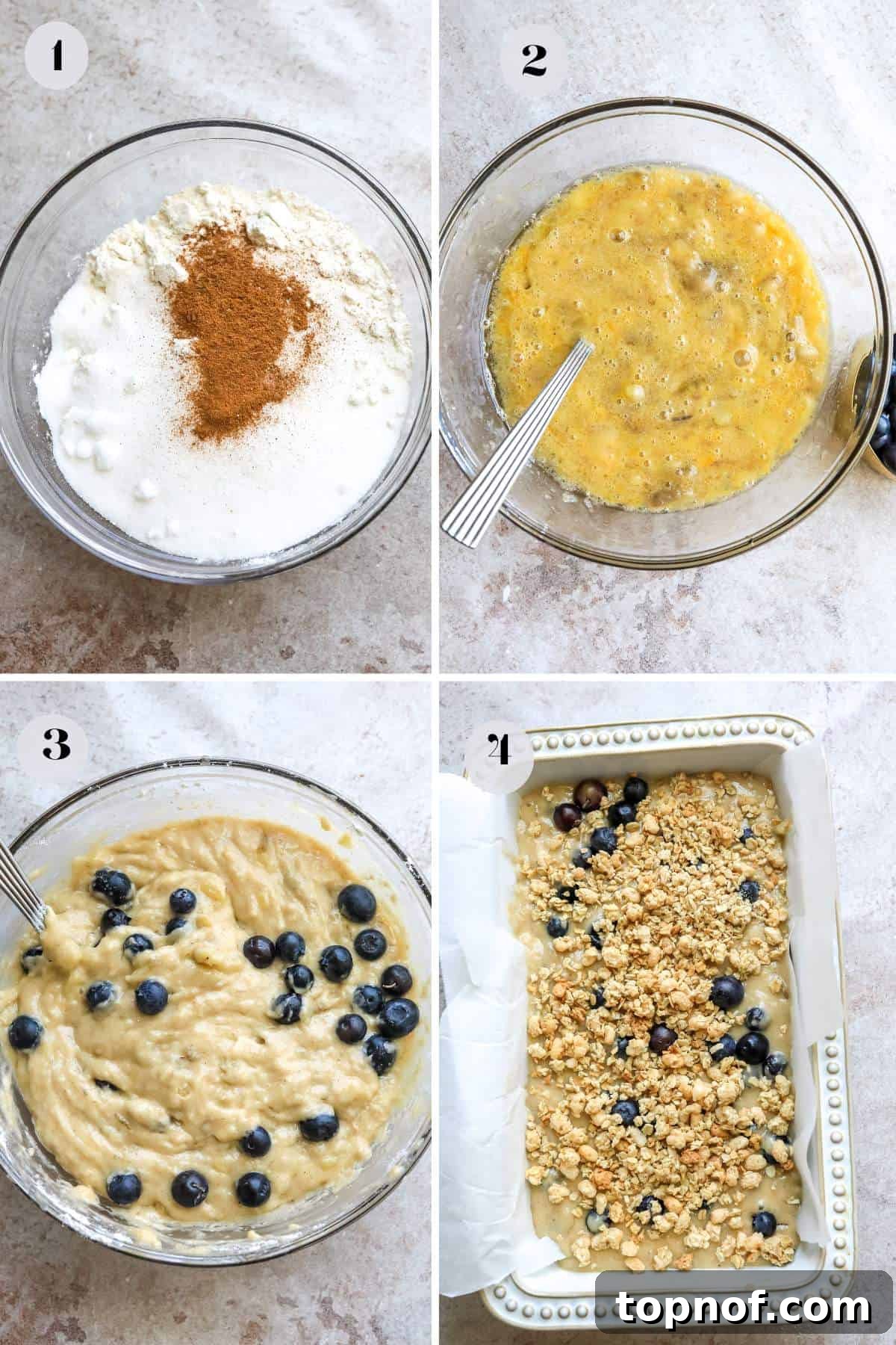 Ultimate Blueberry Banana Nut Bread 4 Process of mixing ingredients in a glass bowl to make banana blueberry nut bread, showing a step in the recipe preparation.