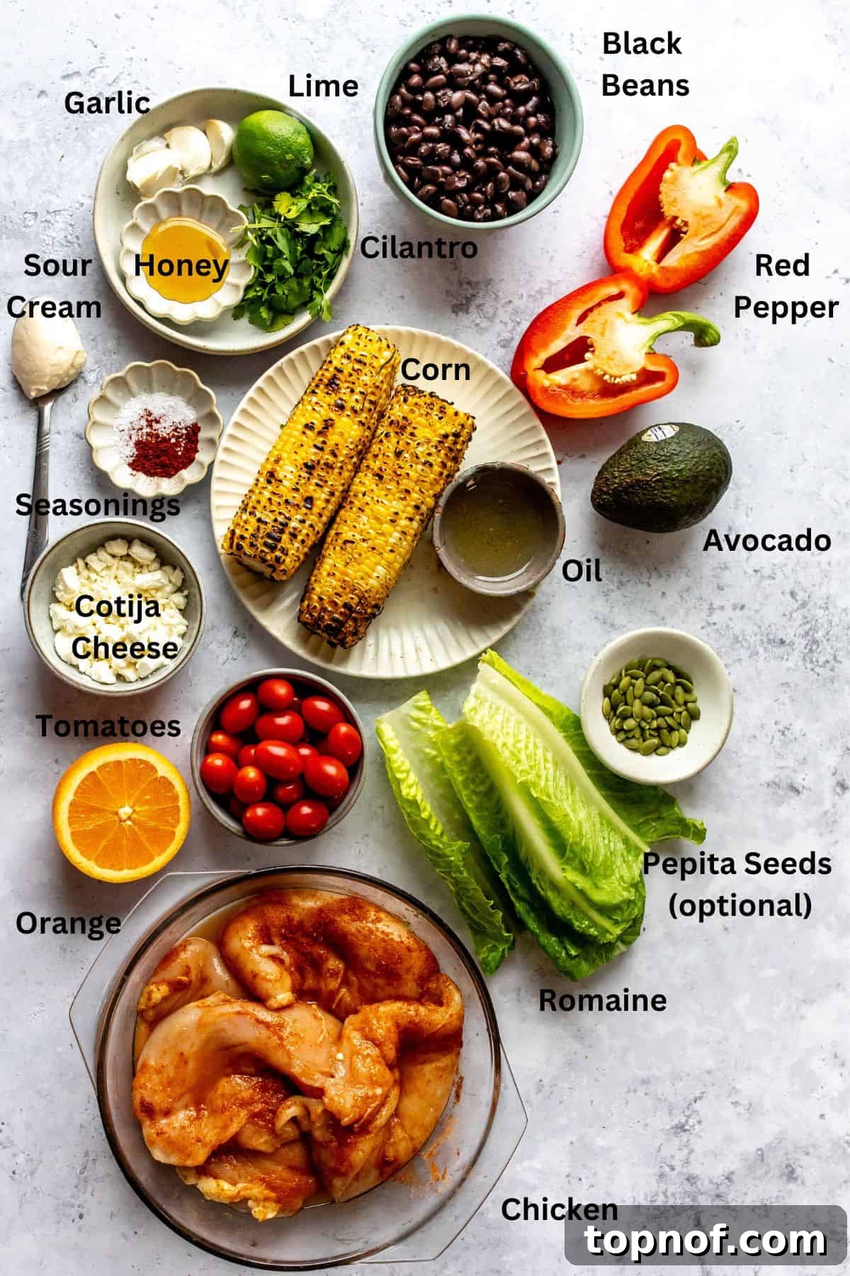 An overhead view of all the fresh, colorful ingredients required to prepare this delicious Spicy Southwest Salad, neatly arranged on a kitchen surface.