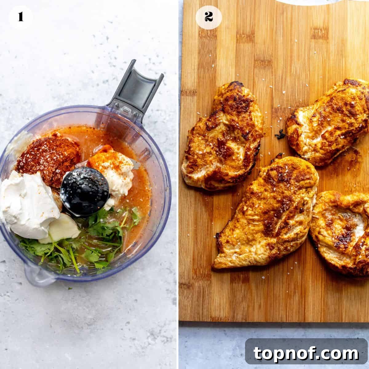 A visual depiction of the preparation steps, showing the homemade dressing being blended in a small food processor and perfectly cooked chicken resting on the side, ready for assembly.