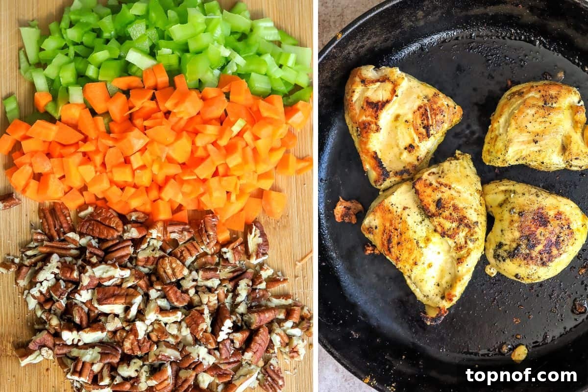Spiced Chicken Salad 4 Steps for preparing curried chicken, including seasoning chicken breasts and cooking them in a cast iron skillet.