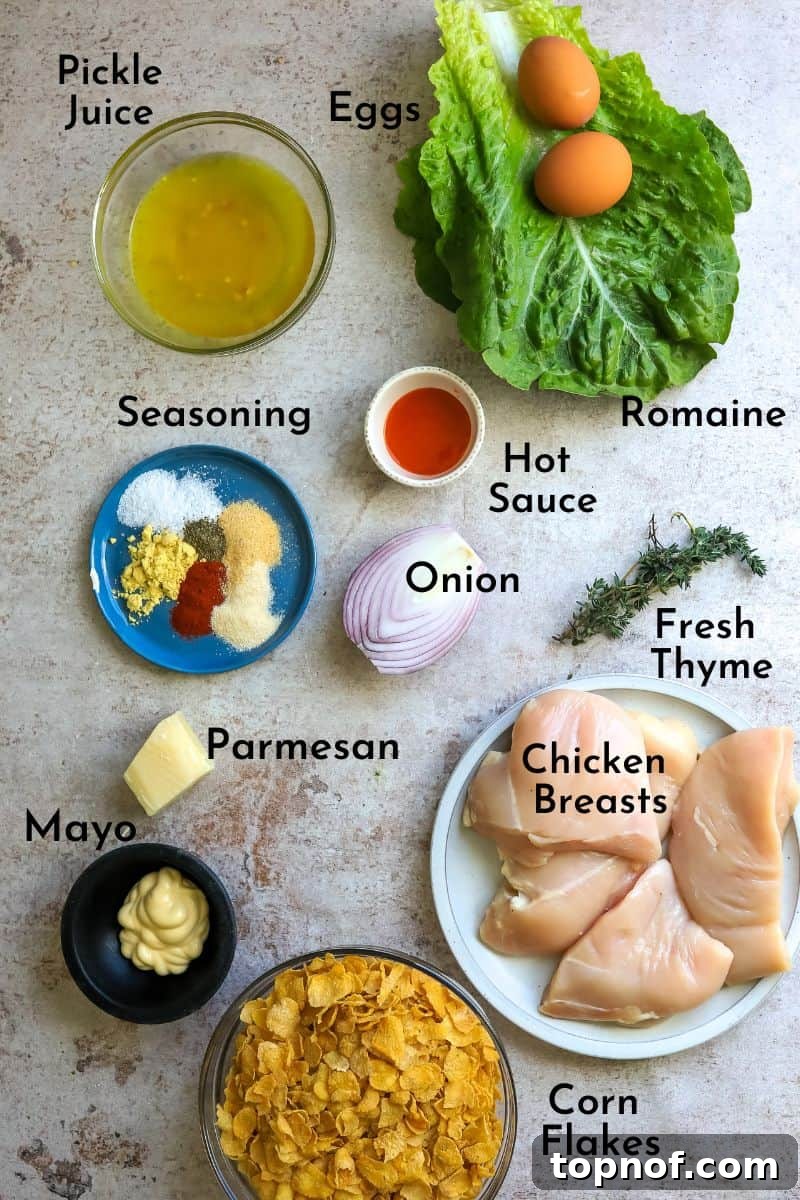 Golden Crispy Chicken Burger 3 Various ingredients laid out on a kitchen counter, essential for making crispy chicken burgers.