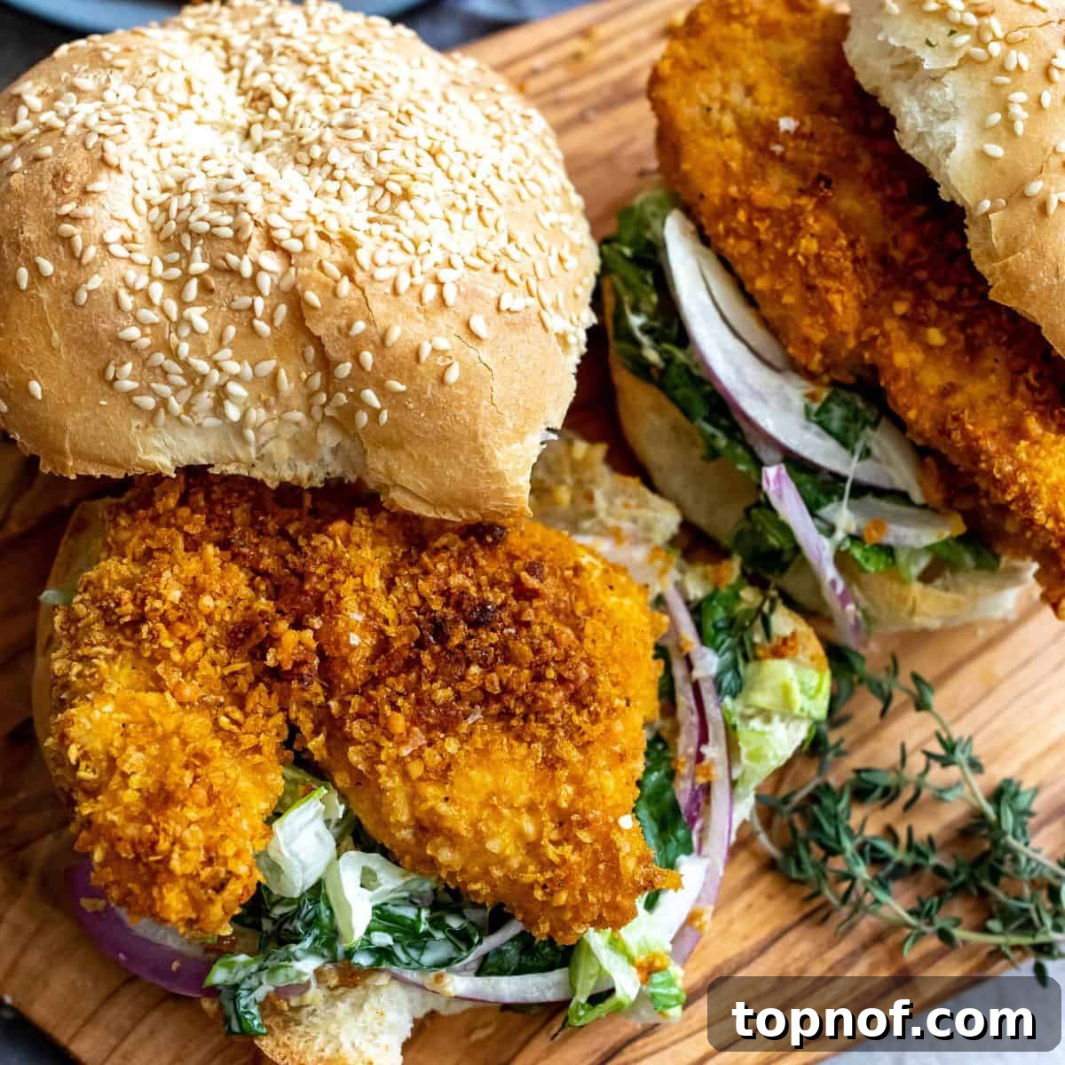 Golden Crispy Chicken Burger 6 A close-up shot of a crispy chicken burger, assembled with lettuce and served on a sesame bun.