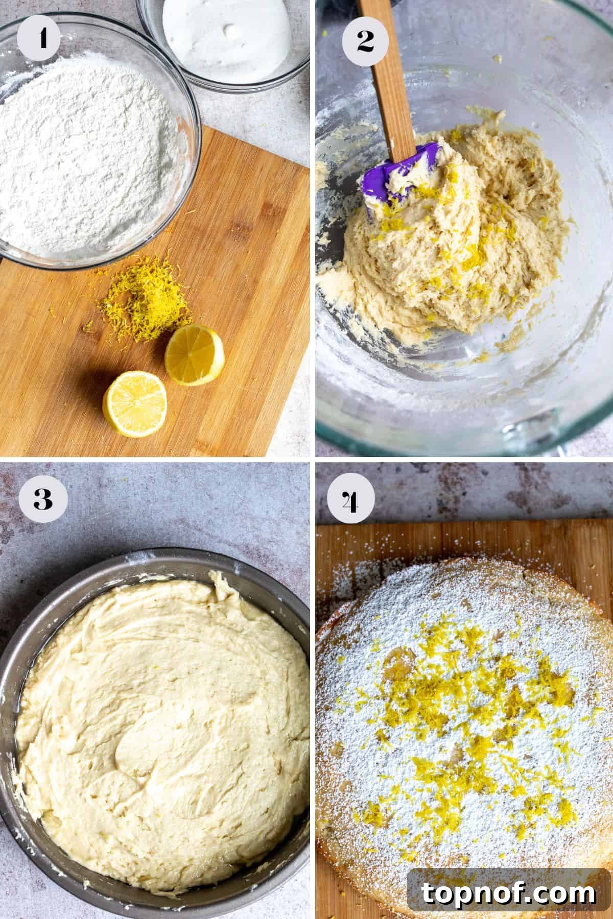 Amalfi Lemon Dream 4 Glass mixing bowls containing various ingredients for Italian lemon cream cake, showing the preparation stage.