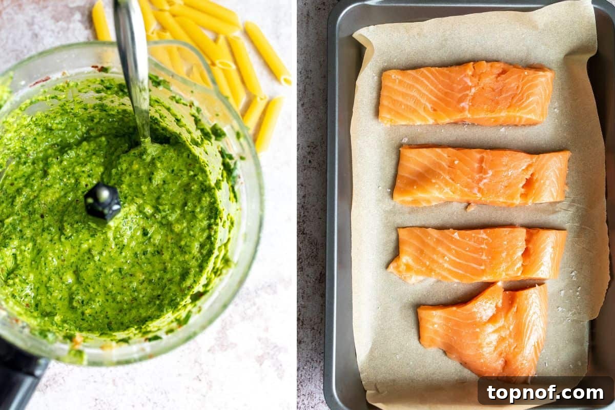 Zesty Salmon Pesto Pasta 4 Detailed step-by-step images showing how to prepare the pesto in a small food processor or blender, highlighting the blending process until smooth and creamy.