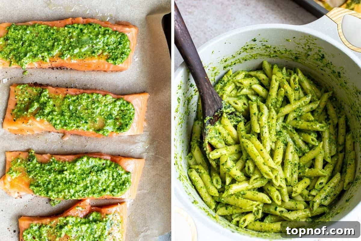 Zesty Salmon Pesto Pasta 5 Intermediate steps of the recipe, showing pesto generously spread over salmon fillets on a baking sheet, and a large mixing bowl, indicating preparation for combining ingredients.