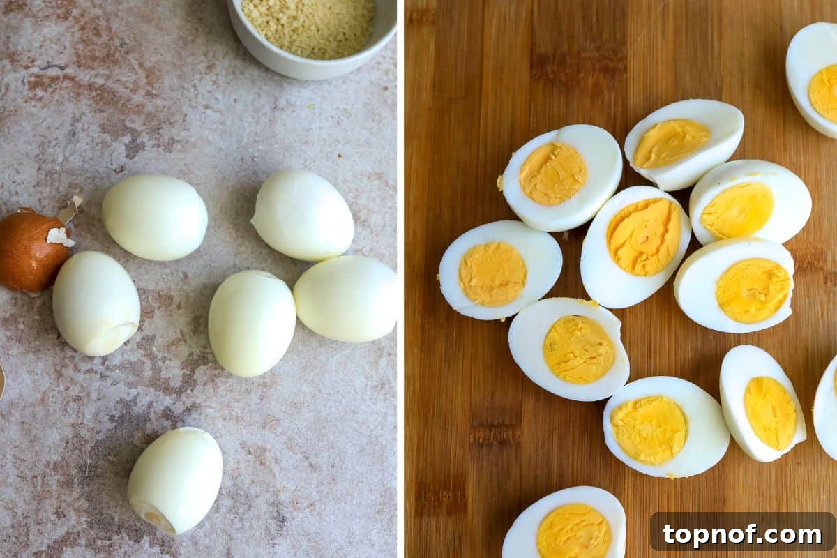 Fiery Deviled Delights 4 Step-by-step process of preparing spicy deviled eggs, showing the mixing of the yolk filling.