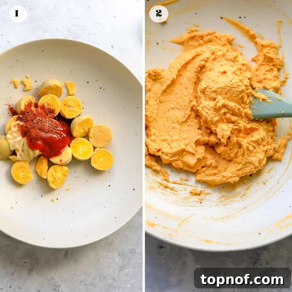 Fiery Deviled Delights 5 The process of filling egg white halves with the creamy spicy yolk mixture.