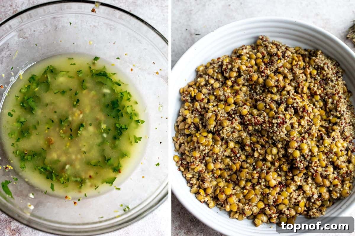 Vibrant Quinoa Lentil Power Bowl 4 Four bowls depicting the stages of making quinoa lentil salad: cooked grains, vinaigrette ingredients, mixed salad, and a finished serving.
