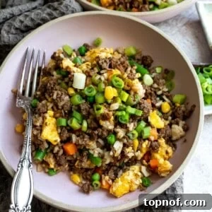 Pink bowl with beef and rice in it.