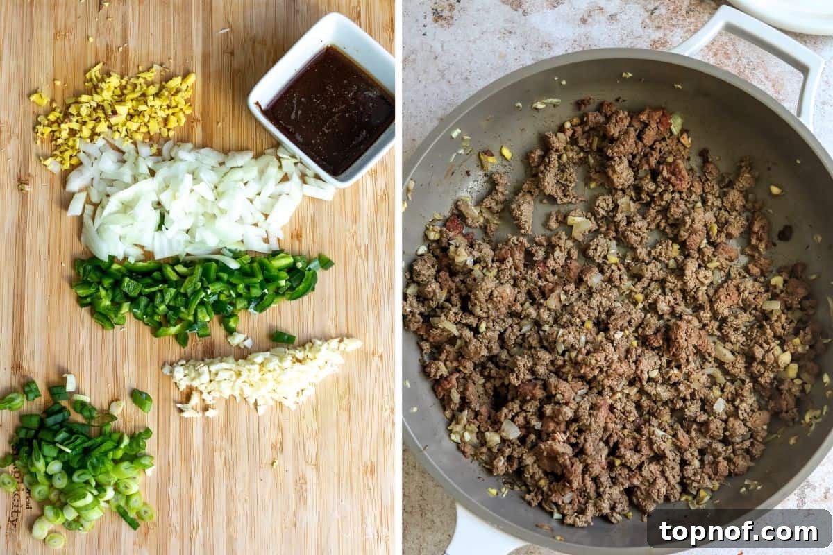 Sizzling Beef Fried Rice 4 Vegetables chopped on a cutting board and ground beef cooked in a skillet.
