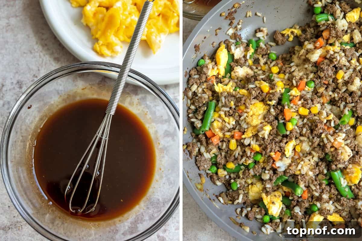 Sizzling Beef Fried Rice 5 A small glass bowl with a whisk and a pan with beef fried rice.