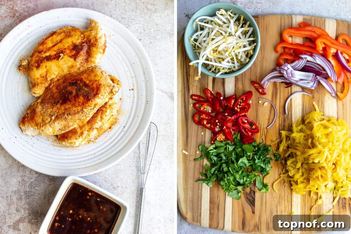 A collage featuring a plate of perfectly cooked, diced chicken breast and a wooden cutting board with prepped vegetables for the salad, including sliced bell peppers, chilies, and herbs.