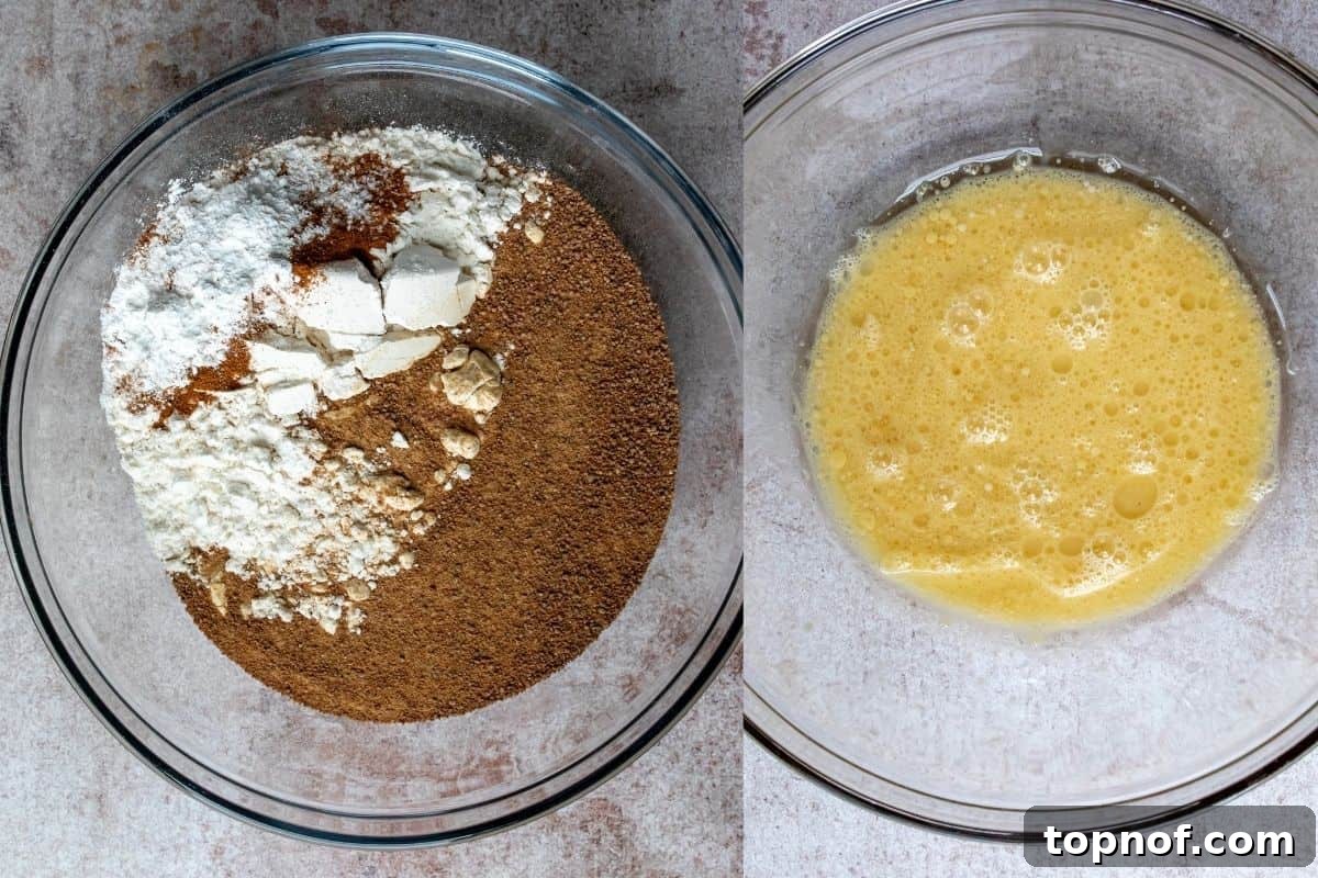 Sweet Cinnamon Loaf 4 Sequence of images illustrating the process of mixing ingredients for cinnamon sugar bread batter.