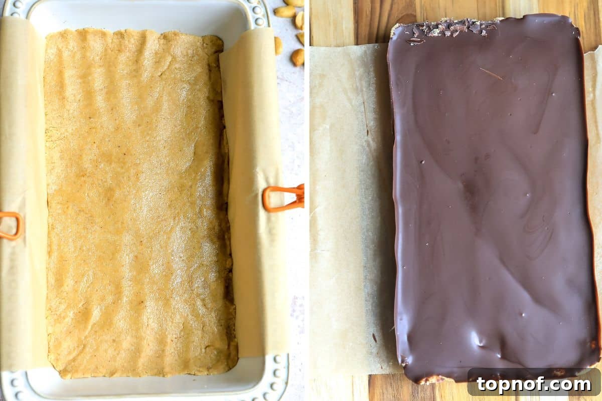 Wholesome Peanut Butter Chocolate Bars 4 Step-by-step process of making buckeye bars, showing the peanut butter mixture pressed into a parchment-lined white baking dish.