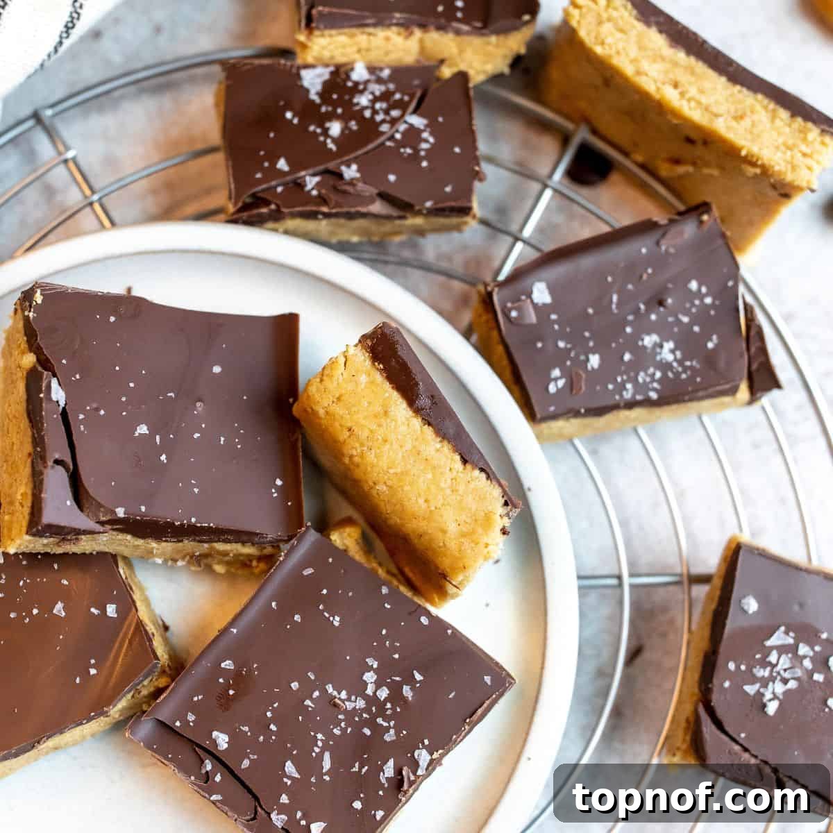 Wholesome Peanut Butter Chocolate Bars 6 Healthy buckeye bars elegantly arranged on a pristine white plate, with a subtle sprinkle of sea salt adding a touch of gourmet finish.