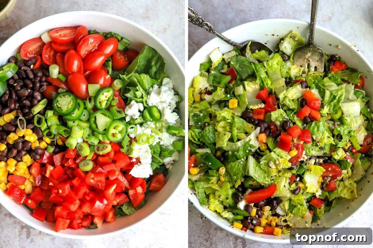 Santa Fe Fiesta Salad 6 A large white bowl filled with all the colorful Santa Fe Salad ingredients before being mixed, showcasing its freshness.