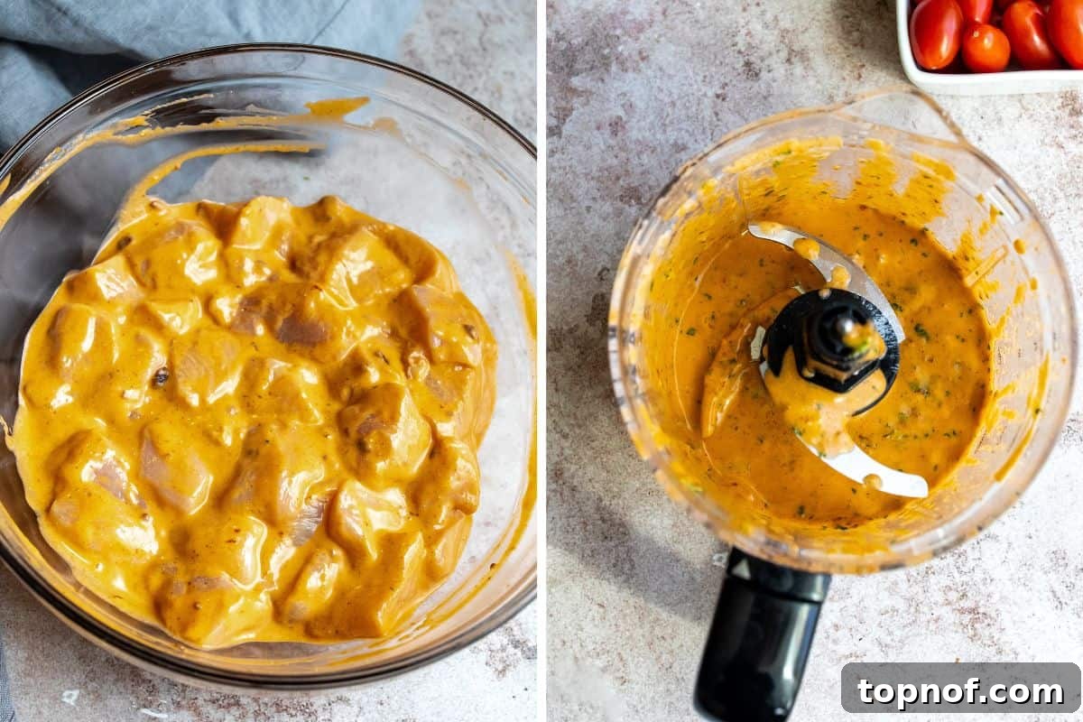 Vibrant Tikka Chicken Salad 4 Raw chicken cubes marinating in a bowl with tikka paste, yogurt, and other spices.