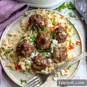 Comforting Meatball and Rice Bowl 8 White plate with a silver fork and a serving of rice and meatballs, ready to eat.