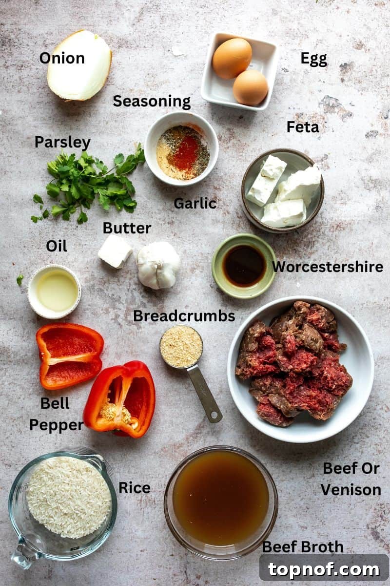 Comforting Meatball and Rice Bowl 3 All ingredients needed for the venison meatballs and rice recipe, neatly arranged on a counter with small bowls and measuring cups.