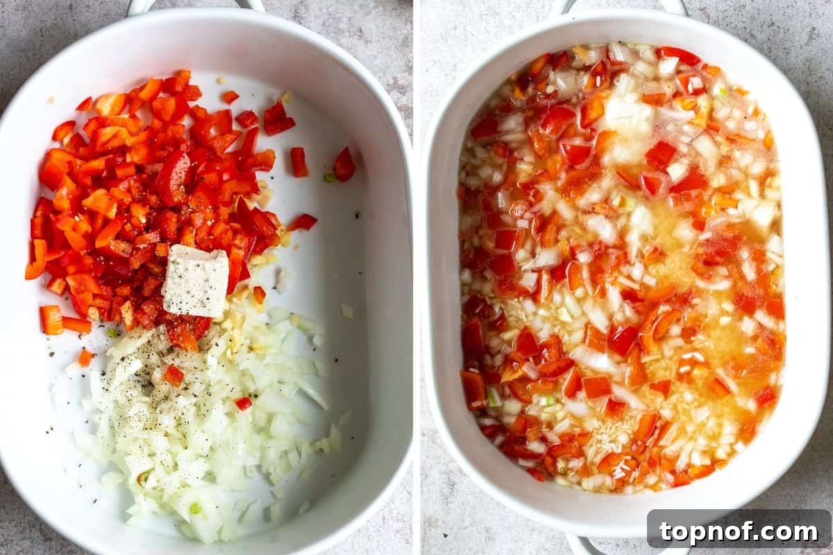 Comforting Meatball and Rice Bowl 4 White baking dish with diced vegetables and butter, prepared for the rice layer before baking.