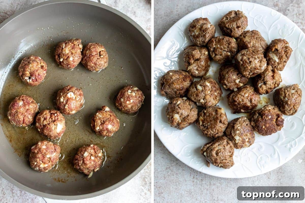 Comforting Meatball and Rice Bowl 6 Skillet with venison meatballs cooking and a white plate with already browned meatballs, ready to be added to the rice.