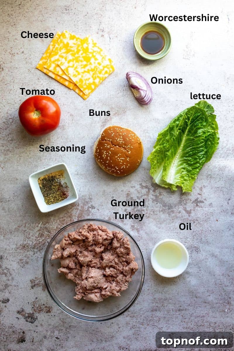 Signature Turkey Smash Burgers 3 Neatly arranged ingredients for turkey smash burgers on a kitchen counter with small labels.